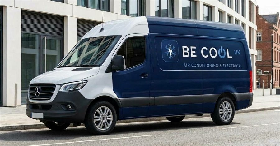 Be Cool UK van in navy and white livery with the Be Cool UK logo